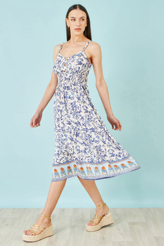 Yumi White Floral Border Print Viscose Midi Sun Dress