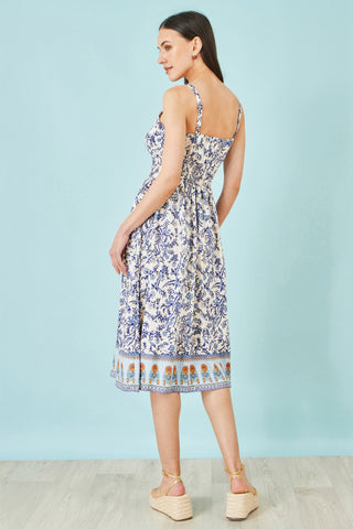 Yumi White Floral Border Print Viscose Midi Sun Dress