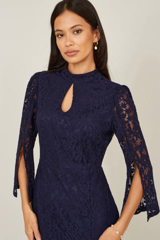 Yumi Navy Lace Fitted Midi Dress With Flute Sleeves