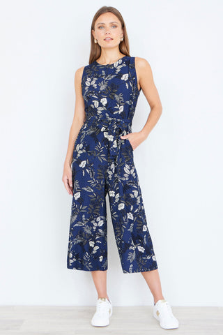 Yumi Navy Leaf Culotte Jumpsuit
