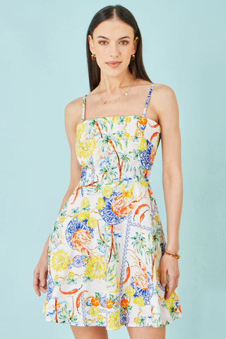 Yumi White Mediterranean Print Cotton Mini Sun Dress