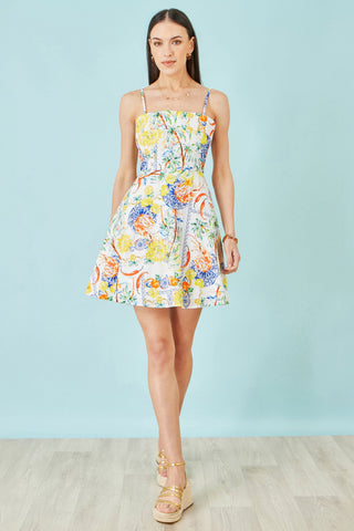 Yumi White Mediterranean Print Cotton Mini Sun Dress