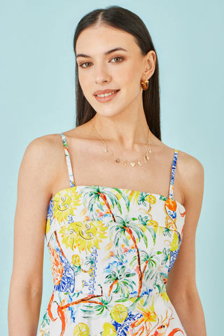 Yumi White Mediterranean Print Cotton Mini Sun Dress