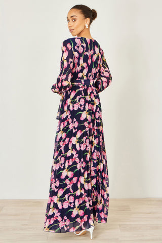 Yumi Navy Orchid Floral Pleated Wrap Maxi Dress