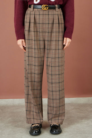 Yumi Brown Check Wide Leg Trousers