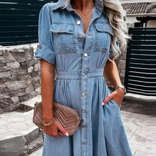 Denim Flip Collar Button Pockets Short Sleeve dress - Hstrends