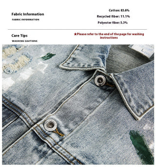 Unisex Washed Graffiti Ripped Denim Jacket - Retro