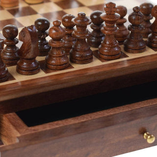 Small wooden chess set with pullout drawer 16x16x3.5cm