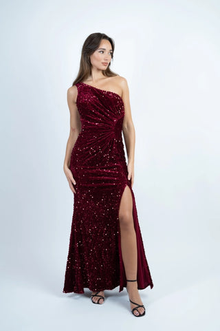 Jupe et talon aiguille - Robe longue asymétrique en velours bordeaux à sequins et fente