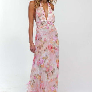Backless Slim Printed Halter neck Floral maxi Dress - Hstrends