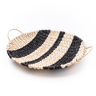 Rush Woven Plate Black Stripe Pattern with Handles 35cm