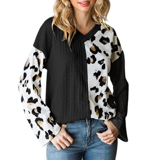 Beige Leopard Print Long Sleeve V - Neck Sweater 25117340 - Hstrends