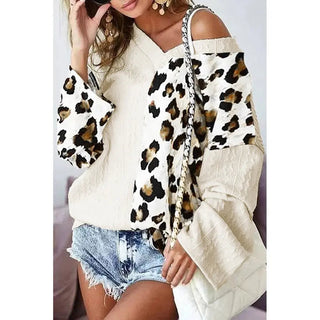 Beige Leopard Print Long Sleeve V - Neck Sweater 25117340 - Hstrends