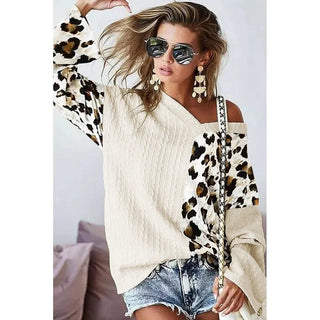 Beige Leopard Print Long Sleeve V - Neck Sweater 25117340 - Hstrends