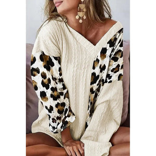 Beige Leopard Print Long Sleeve V - Neck Sweater 25117340 - Hstrends