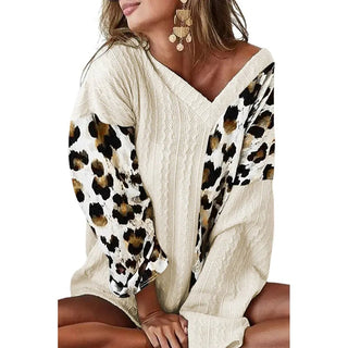 Beige Leopard Print Long Sleeve V - Neck Sweater 25117340 - Hstrends