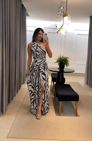 Bellezze zebra print one shoulder Martina Dress - Hstrends