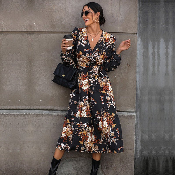 Black floral Printed MIDI Dress - Hstrends