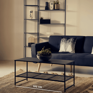 Black Powder Coated Metal Coffee Table with Open Storage Mesh Shelf, Acero - Hstrends