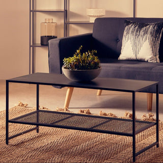 Black Powder Coated Metal Coffee Table with Open Storage Mesh Shelf, Acero - Hstrends