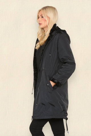 Black Reversible Faux Fur Rain Coat With Hood - Hstrends