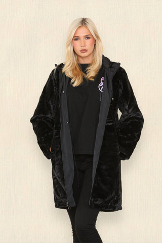 Black Reversible Faux Fur Rain Coat With Hood - Hstrends