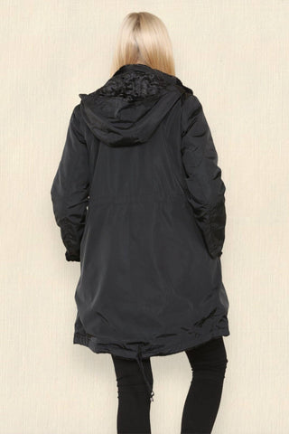 Black Reversible Faux Fur Rain Coat With Hood - Hstrends