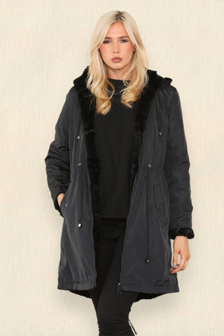 Black Reversible Faux Fur Rain Coat With Hood - Hstrends