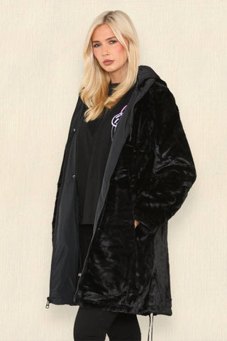 Black Reversible Faux Fur Rain Coat With Hood - Hstrends