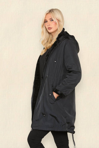 Black Reversible Faux Fur Rain Coat With Hood - Hstrends