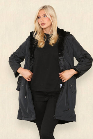 Black Reversible Faux Fur Rain Coat With Hood - Hstrends