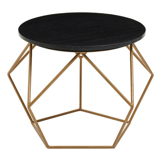 Black Round Marble Top Coffee Table with Matte Gold Finish Geometric Metal Frame, Varana - Hstrends
