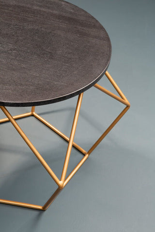 Black Round Marble Top Coffee Table with Matte Gold Finish Geometric Metal Frame, Varana - Hstrends
