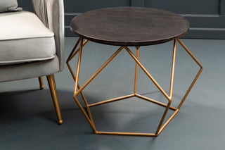 Black Round Marble Top Coffee Table with Matte Gold Finish Geometric Metal Frame, Varana - Hstrends