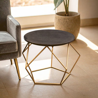 Black Round Marble Top Coffee Table with Matte Gold Finish Geometric Metal Frame, Varana - Hstrends