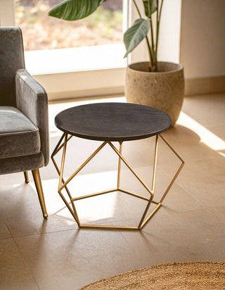 Black Round Marble Top Coffee Table with Matte Gold Finish Geometric Metal Frame, Varana - Hstrends