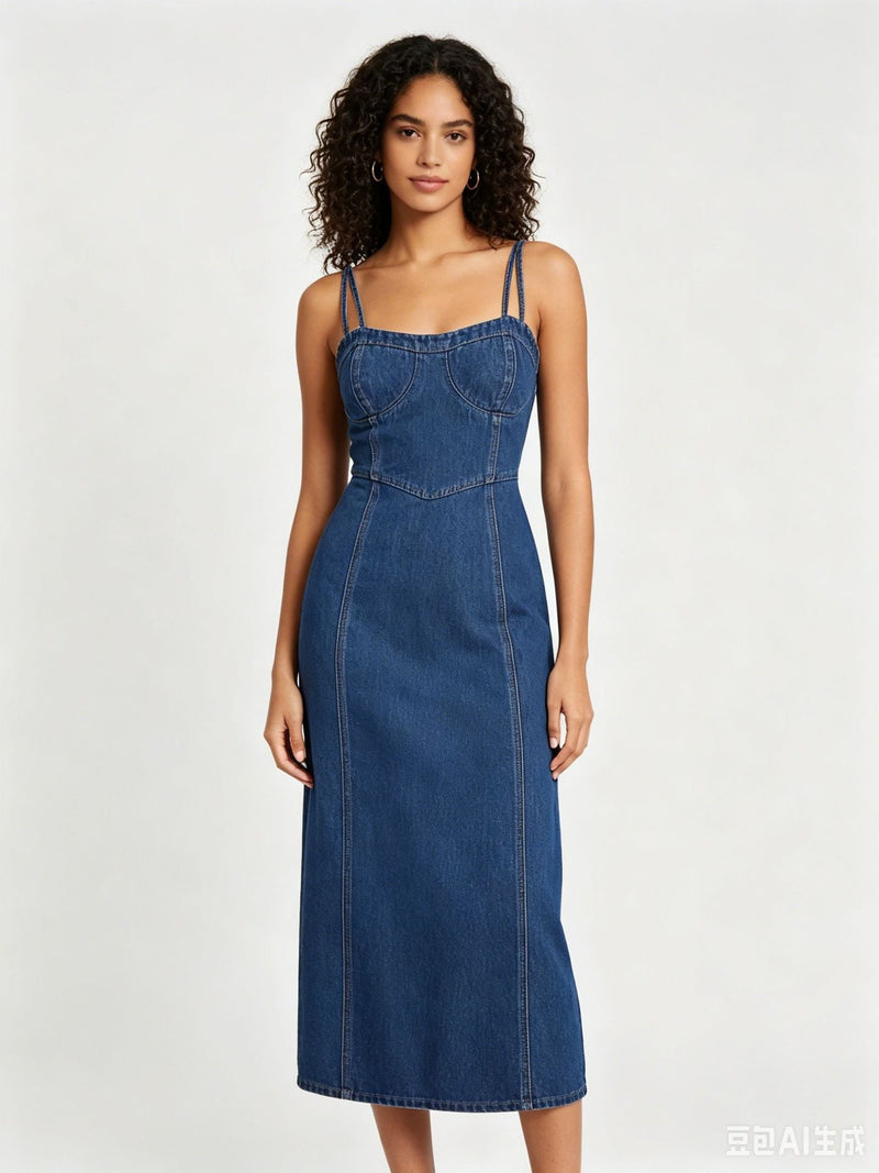 Blue Thin Washed Casual Denim Suspender Midi Dress - Hstrends