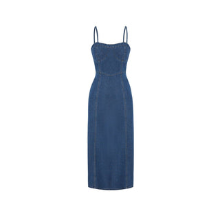 Blue Thin Washed Casual Denim Suspender Midi Dress - Hstrends