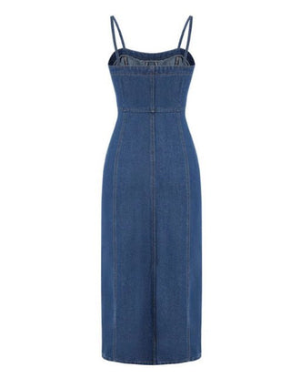 Blue Thin Washed Casual Denim Suspender Midi Dress - Hstrends