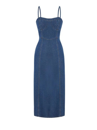Blue Thin Washed Casual Denim Suspender Midi Dress - Hstrends