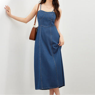 Blue Thin Washed Casual Denim Suspender Midi Dress - Hstrends