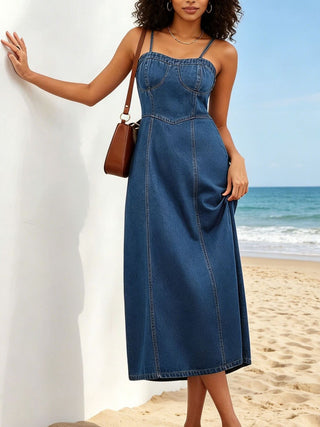 Blue Thin Washed Casual Denim Suspender Midi Dress - Hstrends
