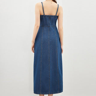 Blue Thin Washed Casual Denim Suspender Midi Dress - Hstrends