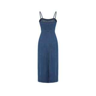 Blue Thin Washed Casual Denim Suspender Midi Dress - Hstrends