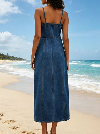 Blue Thin Washed Casual Denim Suspender Midi Dress - Hstrends
