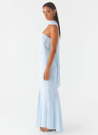 Blue Tube Bodycon Mesh Layer Strapless Maxi Dress with Scarf - Hstrends