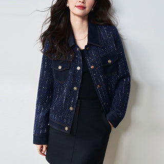 Blues Night Denim Patchwork Flower Sequined Fragrance Style Lapel Jacket - Hstrends