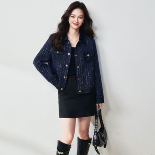 Blues Night Denim Patchwork Flower Sequined Fragrance Style Lapel Jacket - Hstrends