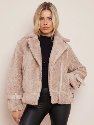 Borg fabric faux detail Biker Jacket - Hstrends