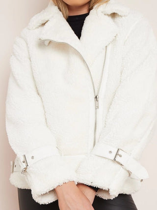 Borg fabric faux detail Biker Jacket - Hstrends